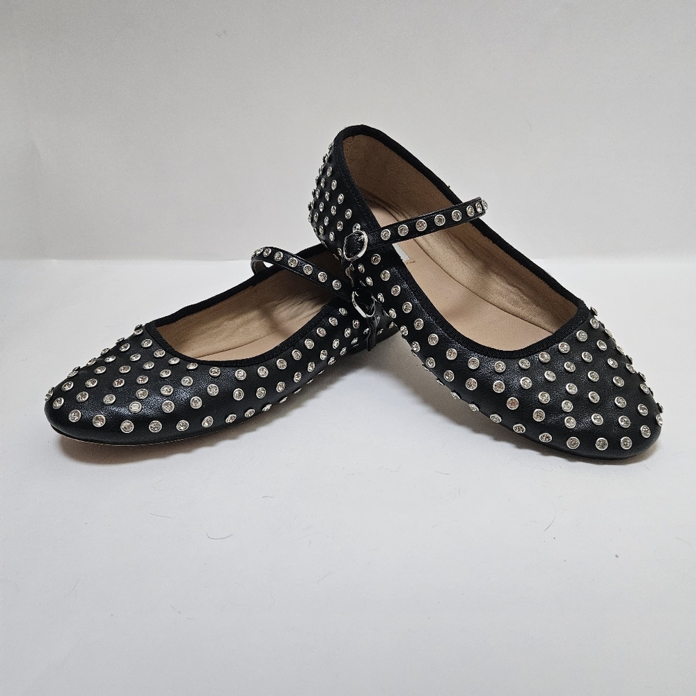 Steve Madden Vinetta Black Rhinestone Studded MaryJane Flats Sz 8